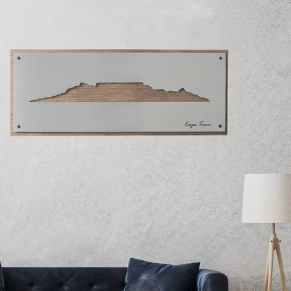 Cape Town Skyline  cut out of metal on a wooden base artwork on a wall
