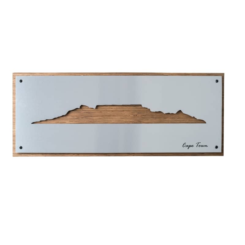 Cape Town Skyline  cut out of metal on a wooden base artwork