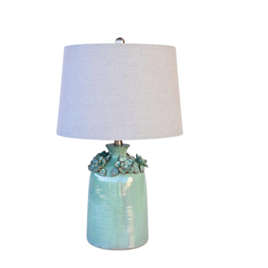 Ceramic Green Bedside Lamp With Grey Linen Shade