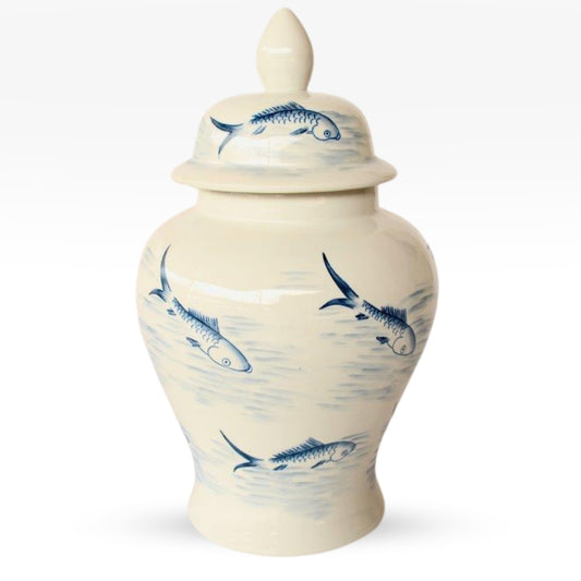 Finny Blue and White Ginger Jar with Lid