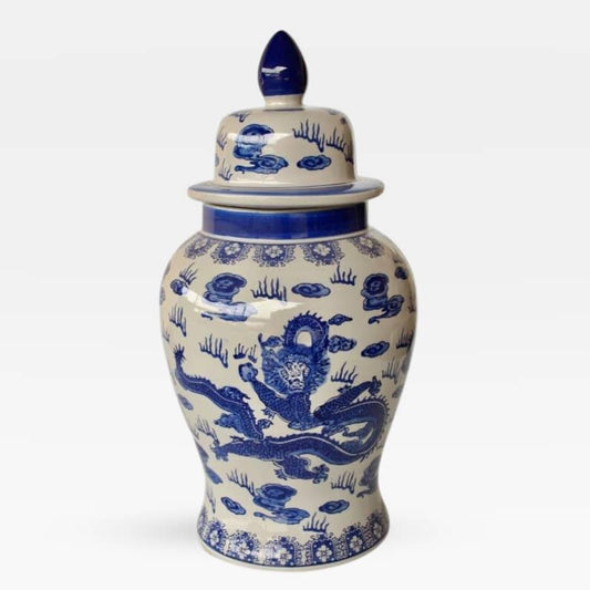  Blue and white decorative ginger jar with a dragon motif design