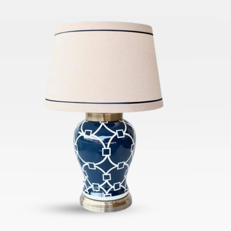 Geometric Navy and White Lamp With Linen Shade