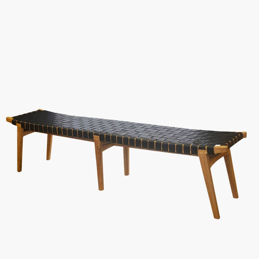 Wood & Black Leather Bench