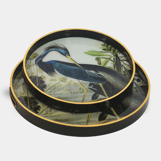 round trays for serving with a bird lacquered inlay 